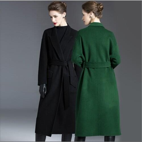Double-faced cashmere coat women mid-length coats 2020 winter new loose over-the-knee jacket lace-up jackets overcoats green
