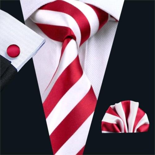 FA-242 Men`s Tie Red Stripe Silk Jacquard Woven Classic Tie Hanky Cufflinks Set For Men Business Wedding Party Free Shipping