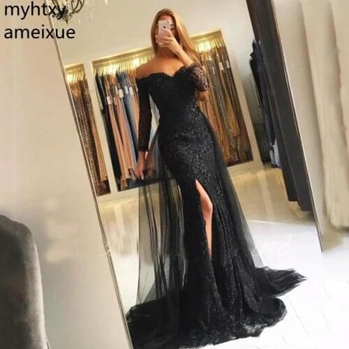 Cheap V-neck Court Train Three Quarter Long Lace Evening Dresses 2021 Mermaid 3/4 Sleeve Crystal Dress Party Dress Plus Size