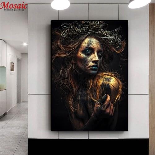 Norse Mythology Black And Gold Tattoo Women 5D DIY Full Round Drill Diamond Painting african art Cross Stitch Embroidery