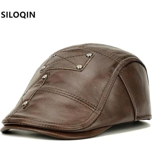 SILOQIN New Winter Mens Natural Genuine Leather Hat Cowhide Berets Adjustable Size Plus Velvet Warm Earmuffs Caps Snapback Cap