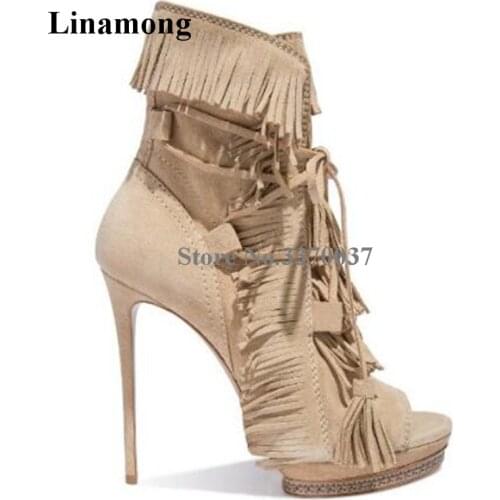 New Fashion Women Spring Autumn Peep Toe Suede Leather Tassels Thin Heel Short Boots Lace-up Fringes High Heel Ankle Booties