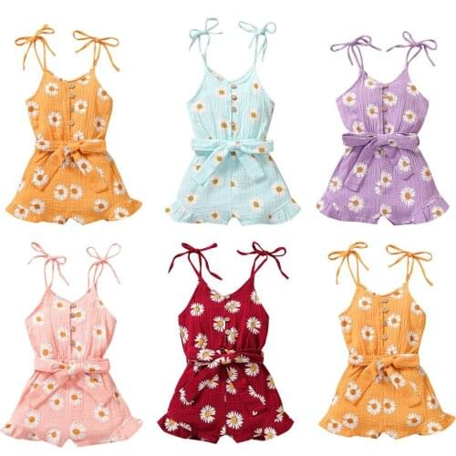 1-6Y Toddler Baby Girls Daisy Romper Summer Sleeveless Bandage Floral Print Tunic Cotton Linen Jumpsuit Playsuit With Belt