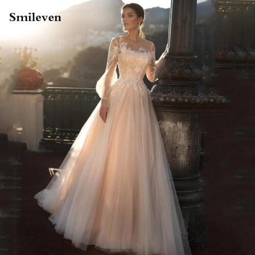 Smileven Nude Pink Lace Wedding Dress A Line Appliqued Puff Sleeves Lace Bride Dress Boho Wedding Gown