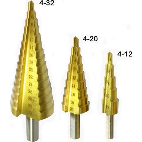 Straight Flute Step Drill Titanium Coated Pagoda Shape Step Drill Bit Triangle Shank Hole Cutter 4-12/20/32mm HSS Cone Drill Bit