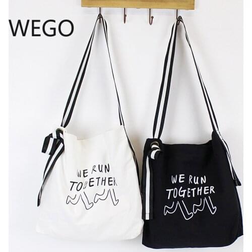 Korean students casual letter printing green bag striped canvas shoulder bag literary simple large capacity Messenger bag