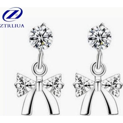 Temperament New Fashion 925 Sterling Silver Jewelry Exquisite Super Flash Zircon Crystal Butterfly Bowknot Earrings SE164
