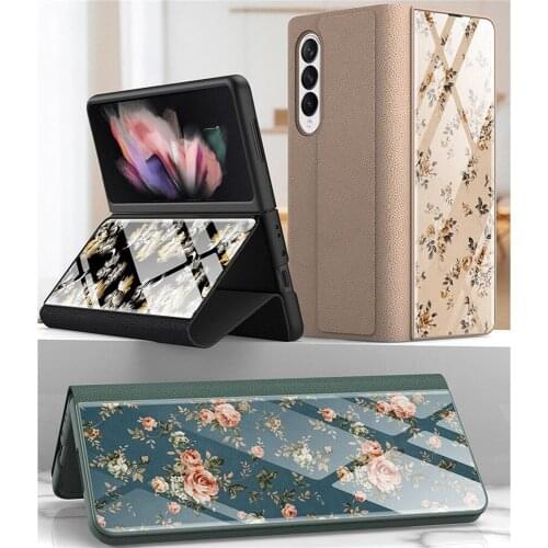 Slim PU Phone Case Shell 5G Folding Screen Tempered Glass Anti-fall Bracket Protective Case For Samsung z fold3