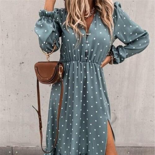 Dot Woman Casual Dresses Beach Long Sleeve V Neck Print High Waist Female Dress Split Elegant Plus Size Midi Dress 2021 Spring