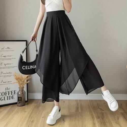 Women Chiffon Skirt Pant Irregular Wild Korean Fashion Clothes Pantalones De Mujer High Waist Casual Loose Trousers Summer Thin