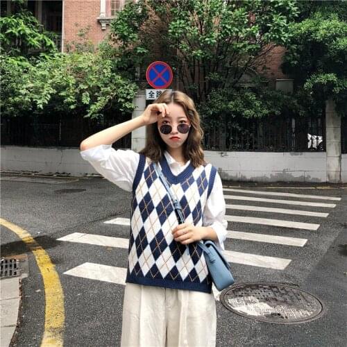 Women Sweater Vest 2021 Summer Autumn Winter Diamond Check Pullover Knitted Crop Tops Casual Sleeveless V Neck Knitwear Female