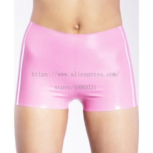 No zipper latex swimwear womens pink latex shorts with white stripes decorations