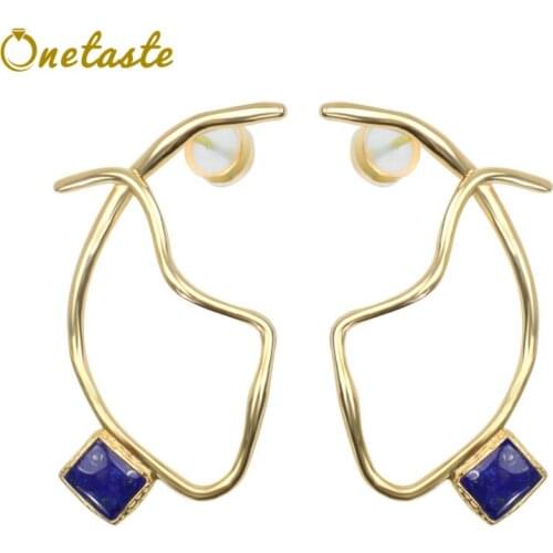 925 Sterling Silver Gold Plated Irregular Lapis Lazuli Earrings For Women Simple Abstract Geometric Minimalism Earring Girls