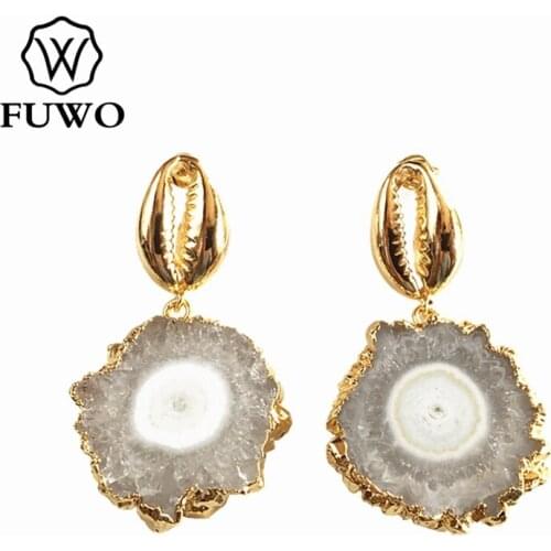 FUWO Trendy Women Natural Stalactites Slice Earrings High Quality Elegant Gold Shell Drop Earrings Gifts Wholesale ER046