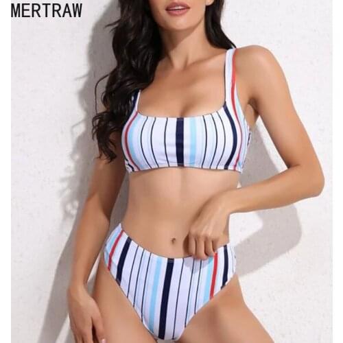 2020 High Waist Printed Striped Bikini Gathered Womens Bikini Split Swimsuit European and American Hot Style Split Swimsuit