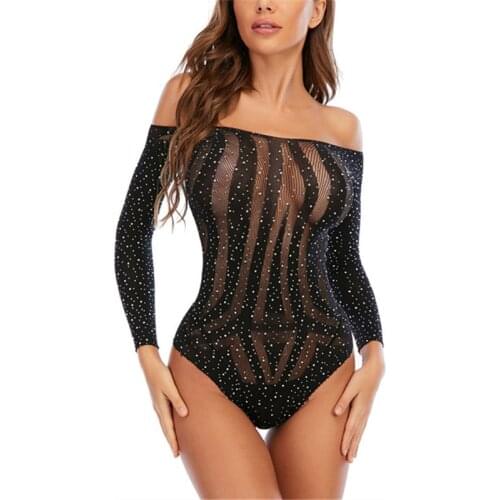 Hirigin Women Lingerie Erotic Teddies Sparkle Rhinestone Fishnet Bodysuit Underwear Slash Neck Long Sleeve Babydoll Bodysuits