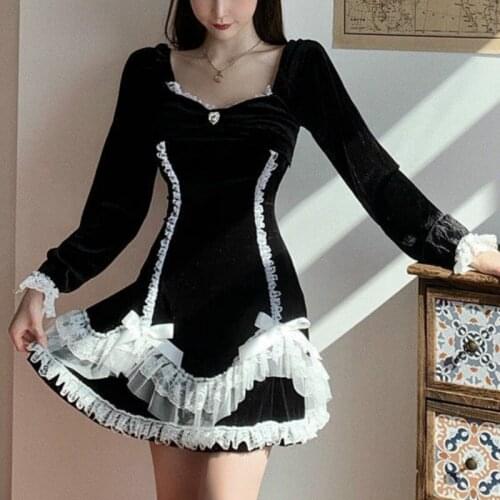 French Renaissance Courtly Style Gentle Retro Fairy Dress Gothic Kawaii Sweet Girl Lolita Elegant Women Black Bow Lace Dress