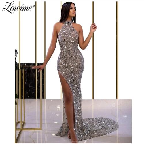 Silver Beads Haute Couture Mermaid Evening Dress Hot Sexy High Split Side Dresses Woman Party Night Robe De Soiree Aibye Prom