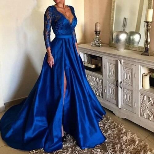 2019 Royal Blue Plus Size Prom Dresses V Neck Lace Appliques Long Sleeve Front Split Formal Evening Dresses Party Gowns