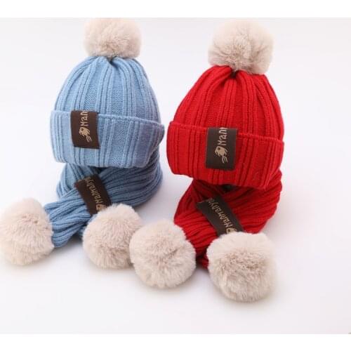 2021 Winter Solid Color Fashion Cap Girls Warm Knitted Hat with Scarf Sets Outdoor Beanie Hat for Boys Kids Accessories 2-6Y