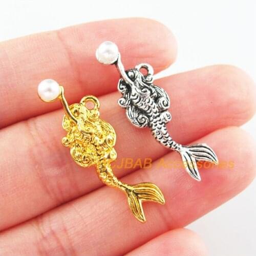 12Pcs Gold Tibetan Silver Tone Mermaid White Acrylic Beads Charms Pendants 10.5x32mm