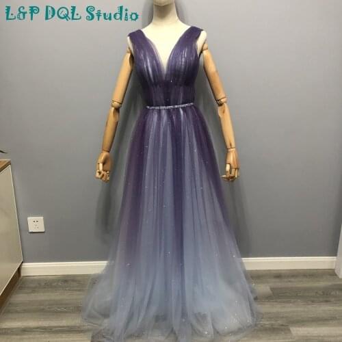 2020 Fancy Purple Evening Dresses Pleats Tulle Beaded Waist Long Prom Dresses Real Pictures Accept Custom Made