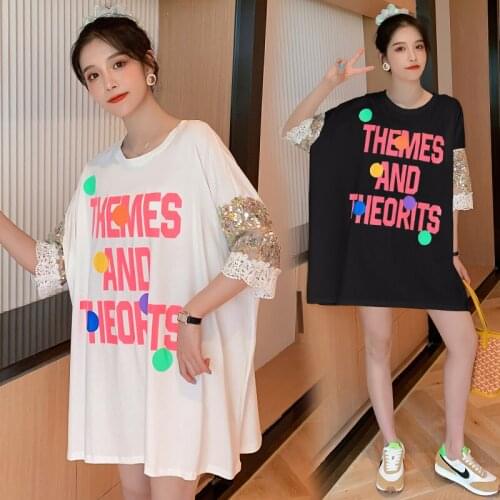 8340# Maternity Dress Summer Cotton O Neck T Shirt Letter Printing Short Sleeves Loose Stylish Dress Pregnant Women Mom Dress