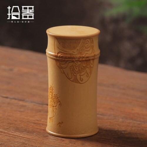 Handmade Bamboo Storage Box Kitchen Tea Container Jar Cans Organizer Spice Round Vacuum Caps Seal Canister Carving Peking Opera