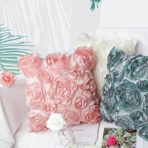 Free Shipping 3D Rose Decorative Cushion Cover Solid Color Satin Flower Throw Pillow Case Valentine Day Gift HT-PCTEC-02