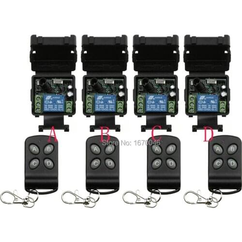 RF Wireless DC 12V Remote Control Switch 1CH Interruptor 10A 4*Receiver & 4*Transmitter light /lamp/ window/Garage Doors
