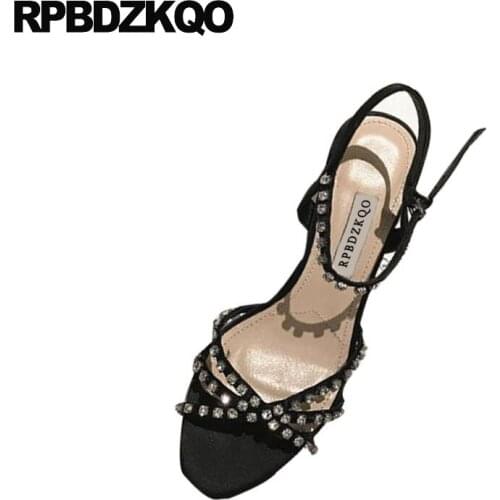 Bling Sandals Flat Sexy Slingback Rhinestone Crystal Black Shoes 2018 Stiletto Two Strap Elegant Diamond Women Pumps Strappy