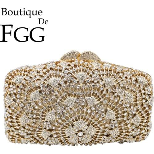 Boutique De FGG Elegant Hollow Out Women Crystal Bags Evening Clutch Handbags Bridal Metal Purse Wedding Party Bag