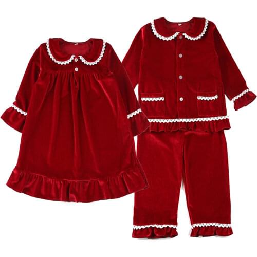 Boutique Fashion Velvet Fabric Toddler Sleep Suit Christmas Baby Pyjamas Set Lace Girls Sleepwear