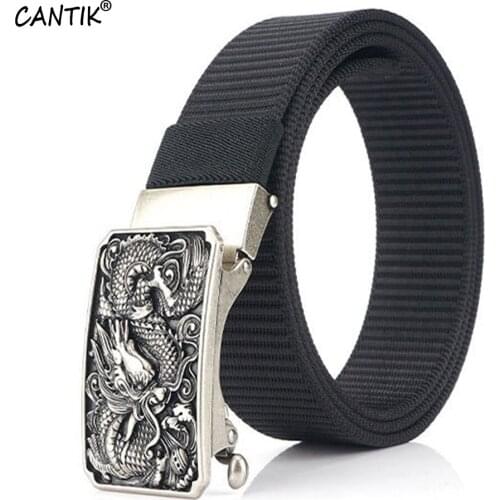 CANTIK Quality Nylon Belt Men Unique Design Chinese Dragon Head Pattern Automatic Buckle Clothes Accessories 3.5cm Width CBCA167