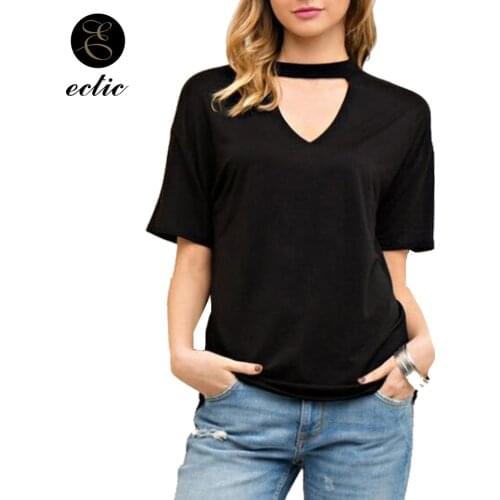 Choker Neck Top Vetement Femme 2021 Fashion Black Plain T Shirt Woman Solid Color Short Sleeve Plain White Tshirt Casual
