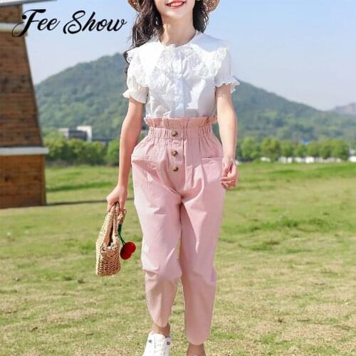 Children Clothing Summer Girls Clothes Set Lace Ruffle Shoulder Short Sleeves Shirt Tops + Pants 2Pcs Kids Outfits 3-14 Years