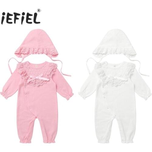 Newborn Baby Girl Outfits Clothes Princess Cotton Lace Bow Jumpsuit Spring Autumn Infant Girls Baptism Romper Set Bodysuit+Hats