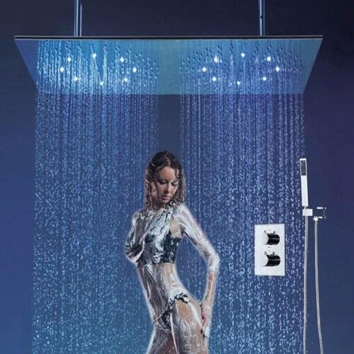 European LED Bathroom Shower Set Thermostatic Shower Mixer Faucet Concealed Box 2Ways Large Shower Head Rainfall Hand Held Spray