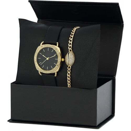 Forentina Bayan Siyah Kordon Kol Saati - Zirkon Bileklik Kombin PS1939