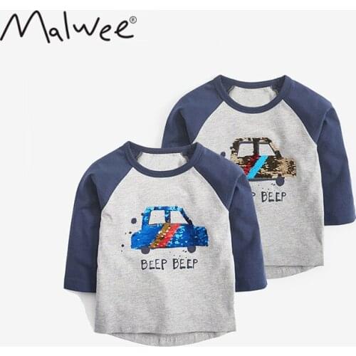 Toddler Boys Tshirt Fashion Panelled Car Sequin Patch Letter Print Tshirts for Boy 2-8 Years Childrens Cotton Tops Autumn 2020