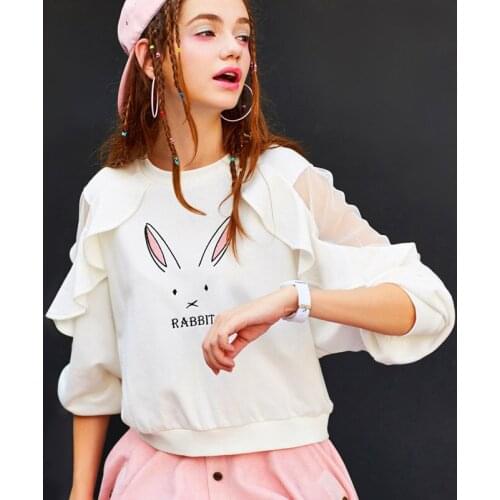 Kawaii Rabbit Embroidery Crop Top Hoodies Sweatshirts Women Cute Mesh Patchwork Ruffle Pullover Hoody Ladies