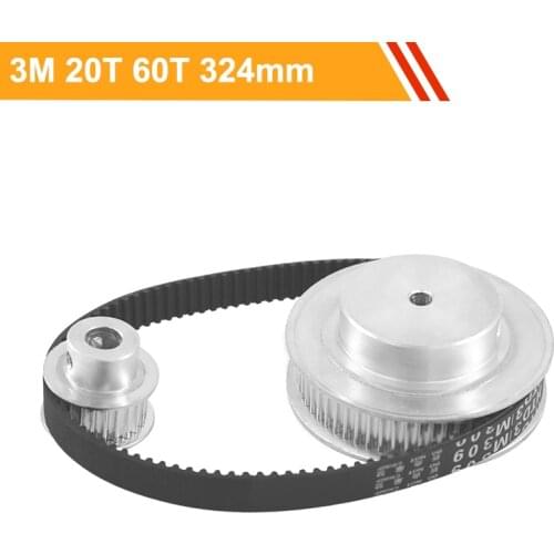 HTD3M Motor Belt Pulley Kit 20T 60T Ratio 1:3 3M-324mm Rubber Transmission Belt 100mm Center Distance Timing Belt Pulley Set