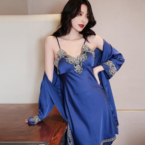Blue 2PCS Women Kimono Robe Sets Sexy Lace Floral Bride Dressing Bathrobe Gown Summer Lingerie Sleepwear Strap Top Nightdress