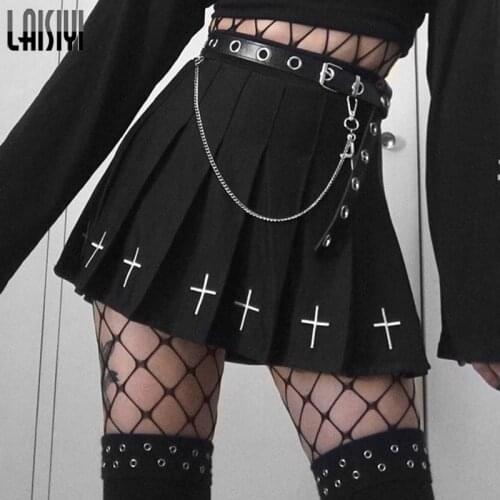 LAISIYI New Gothic High Waist Mini Black Skirts Streetwear Cross Print Pleated Women Skirts Casual College Lolita Harajuku Skirt