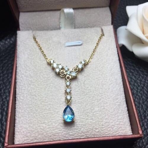 Natural blue topaz gem Pendant necklace S925 silver Natural gemstone necklace Elegant Water drop girl gift ball fine jewelery