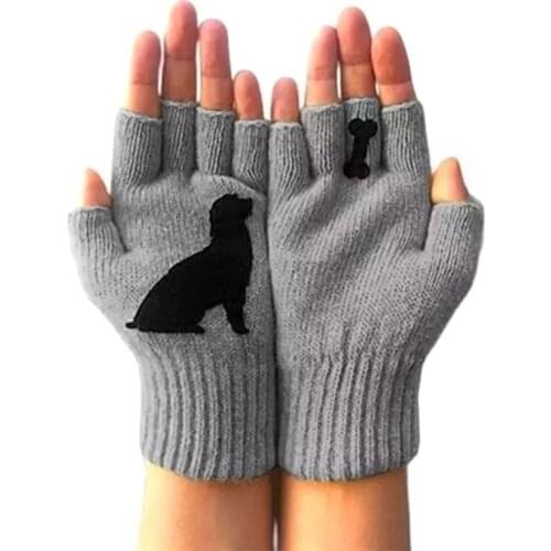 2020 Winter Gloves For Women Newly Cute Dog Printed Gloves Women Fashion Warm Knitted Fingerless Gloves Guantes Invierno