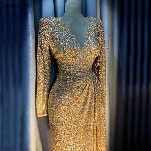 Luxury Gold Deep-V Long Sleeves Evening Dresses 2021 Latest Designs Sequined Sparkle Formal Dress Real Photo LA70002
