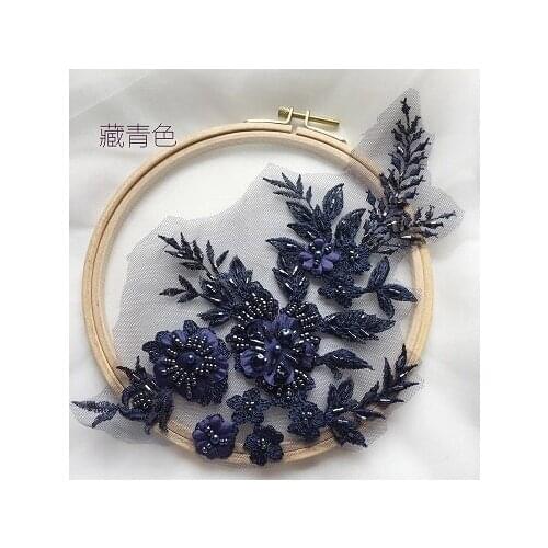 Navy Blue Heavy Bead Lace Applique 3d Floral 3D Lace Applique With Rhinestones