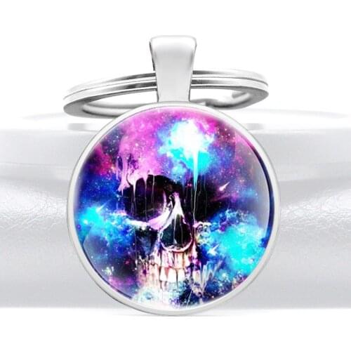 Unique Punk Style Skull Glass Cabochon Pendant Key Chain Classic Men Women Steampunk Jewelry Gifts Key Ring
