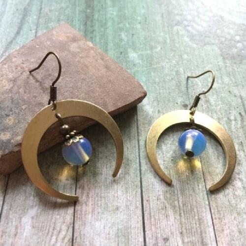 Witch Brass Moonstone Crecent Moon Earrings Celestial Astronomy Boho Hippies Jewelry Women Gift for Her Beautifu Fashion Trend